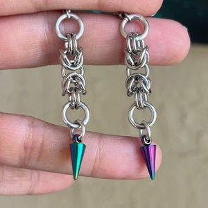 Handmade maille rainbow spikes stainless steel earrings boho goth punk silver